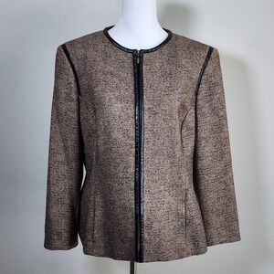 Anne Klein Tweed Jacket Blazer Womens 12 Brown Faux Leather Trim Professional